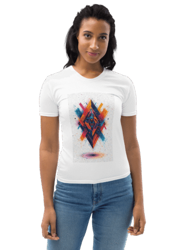 White women's t-shirt with colorful geometric pattern (blue, pink, yellow) and modern line details. Classic regular fit cotton-blend tee for everyday wear.