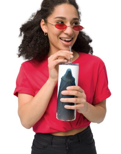 White coffee mug printed with an artistic ninja design, featuring a woman holding the ninja - perfect for martial arts fans
