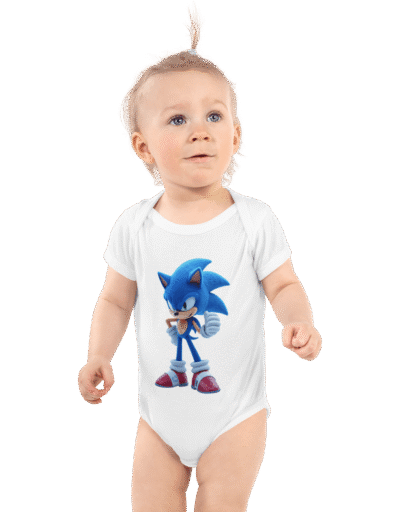 `Adorable blue Sonic the Hedgehog baby bodysuit with snap closures, made from 100% soft cotton for newborns`