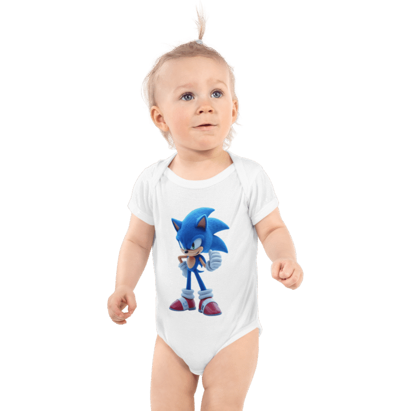 `Adorable blue Sonic the Hedgehog baby bodysuit with snap closures, made from 100% soft cotton for newborns`